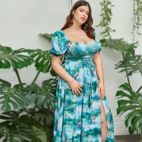 SHEIN Dresses & Skirts - Sweetheart Angel Print Lace Up Split Thigh Dress 2X NWOT